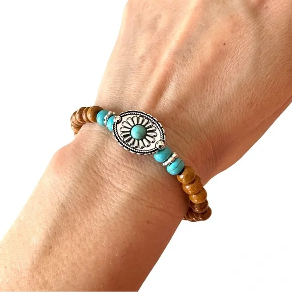 🔴 5 for $10 ONE Turquoise and Brown Wooden Beaded Stretchy Bracelet - Picture 2 of 16